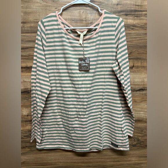 Matilda Jane NWT Off the Grid Tee Women's xl Long Sleeve Pink Green Stripe Top - Picture 6 of 7
